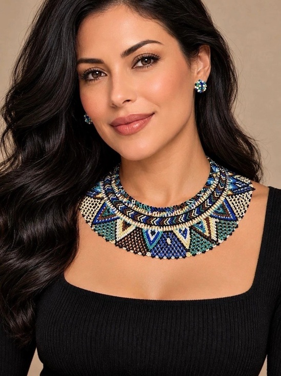 Handmade Jewelry - Handmade Multicolor Beaded Collar Necklace & Earring Set